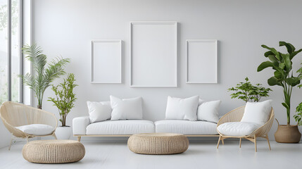 Wall Mural - Empty picture frames on a white wall in modern living room with a modern sofa. Home staging concept mock up
