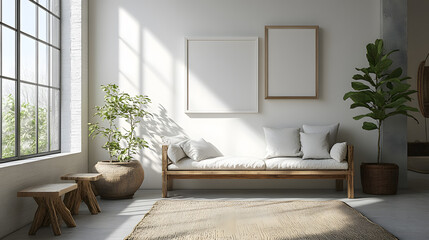 Empty picture frames on a white wall in modern living room with a modern sofa. Home staging concept mock up
