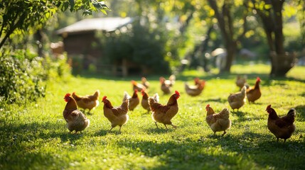 Wall Mural - Chickens on a Farm in a Sunlit Meadow