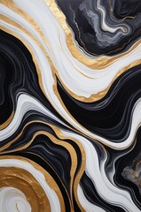 Black white gold fluid waves. Mixing liquid paint effect. Abstract acrylic background with golden veins. Relief marble surface backdrop. Epoxy art texture. Design for flyer, interior poster.