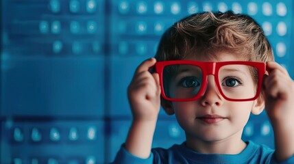 a charming young boy wearing oversized red glasses, smiling confidently against a blue backdrop, evo