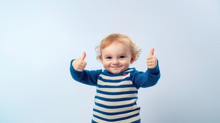 Joyful toddler expressing happiness with thumbs up, wearing colorful striped shirt against a light backdrop.