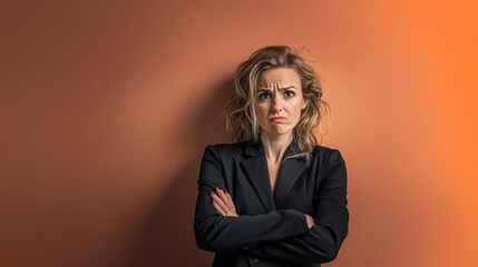 A frustrated businesswoman stands against a warm orange wall, arms crossed and expression conveying disappointment and concern.