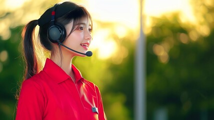 A young woman in a red shirt wearing a headset, smiling while communicating in a bright outdoor setting.