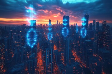 Wall Mural - futuristic digital banking cityscape with holographic currency symbols floating above skyscrapers interconnected by glowing blue network lines against a twilight sky