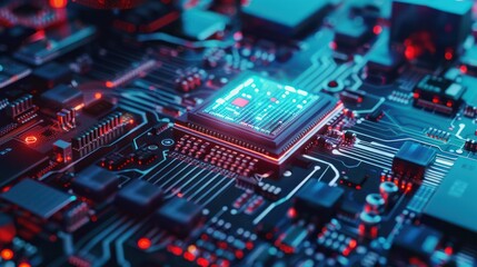 Closeup of a glowing computer chip on a motherboard