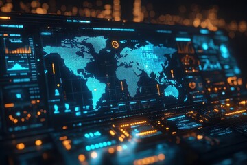 Wall Mural - futuristic global business interface holographic world map projected on sleek dark screen glowing financial graphs and data streams pulse with electric blue energy