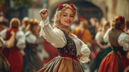 Wall Mural - National dances in Germany, German women in bright dresses. Folk festivities, Oktoberfest