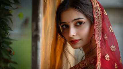 A young woman in traditional attire poses gracefully near a window adorned with decorative fabrics during a daytime setting