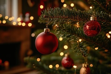 A beautifully decorated Christmas tree adorned with red ornaments and warm lights in a cozy living room setting during the festive season