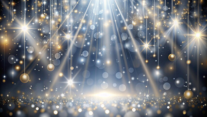 Luxurious silver gold sparkling background with rays of light, twinkling stars and bokeh.