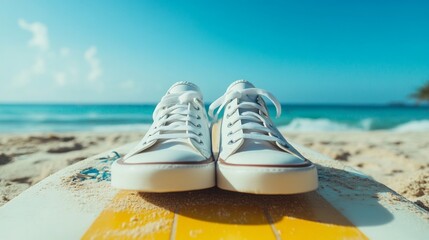 A pair of white sneakers on the pebbled beach