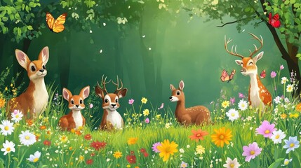 Beautiful cartoon illustration of wild animals in a spring meadow, with a realistic background of bright flowers and green grass