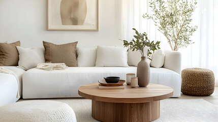 Round wood coffee table against white sofa. Scandinavian home interior design of modern living room.