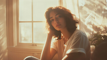 Woman in soft sunlight near window with thoughtful expression