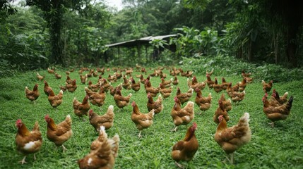 Wall Mural - Hens Roaming in a Lush Green Meadow