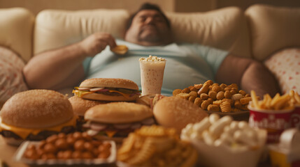 Wall Mural - Overweight Man Sitting on Sofa Eating Junk Food, Unhealthy Lifestyle and Comfort Eating Concept