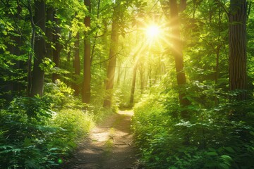 A serene forest path illuminated by sunlight, inviting tranquility and exploration amidst lush greenery.