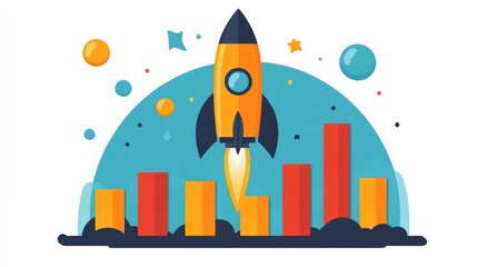 Rocket Launch Growth: A vibrant illustration of a rocket taking off, soaring above a graph symbolizing growth and success in a modern and flat design. Perfect for business, technology, and innovation 