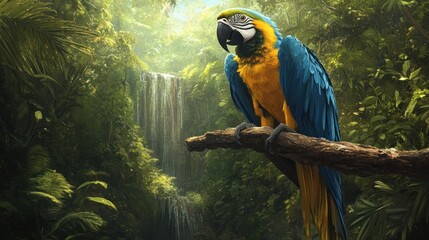 Sticker - Blue and Gold Macaw in a Lush Tropical Rainforest