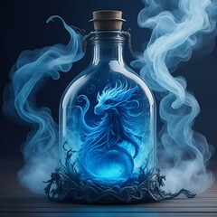 Wall Mural - blue dragon with smoke in a bottle