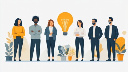 Wall Mural - Diverse Business Team and Glowing Idea Bulb: A vibrant illustration of a diverse business team standing together, their focus drawn to a glowing light bulb, symbolizing innovation and creative problem