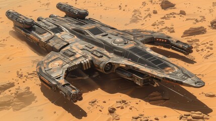 Wall Mural - A modern spaceship stands on a rocky alien terrain, surrounded by sand and rocks.