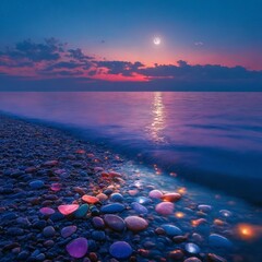 Poster - A full moon rises over a rocky beach at dusk.