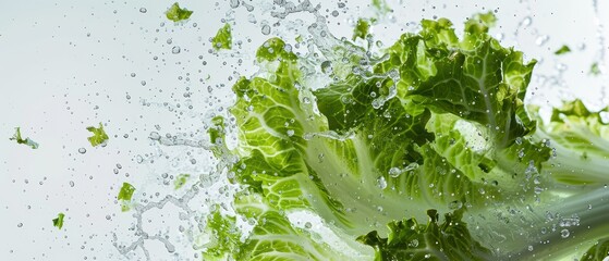 Wall Mural - Fresh lettuce splashing in water, showcasing vibrant greens and moisture. Perfect for healthy eating or cooking themes.