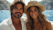 © aekkorn - Stylish, happy couple on a summer adventure, radiating love and elegance in exotic locale.
