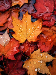 Wall Mural - Top view close up of a golden autumn leaves with rain drops, natural background 