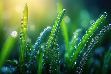 mesmerizing macro of morning dew crystalline droplets cling to emerald grass blades refracted light creates miniature worlds within each sphere hyperdetailed nature closeup