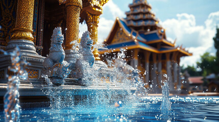 Water splashes around intricate sculptures at a temple in a vibrant, sunny landscape during the afternoon