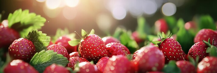 A close-up 3D  of ripe, juicy organic strawberries with lush green leaves. The strawberries are bursting with color and freshness, capturing the essence of summer and healthy eating. The image symboli