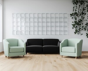 Ash wood floor, mint armchairs, and black sofa in a minimalist space.