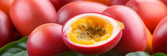 A close-up shot of a vibrant red passion fruit, revealing its juicy yellow interior filled with seeds. The fruit symbolizes tropical flavors, exotic destinations, and the sweetness of life. It also re