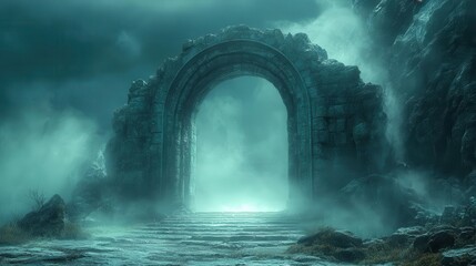 mystical stone archway with glowing magical symbols portal to mountain cave ethereal light fantasy adventure scene mysterious atmosphere