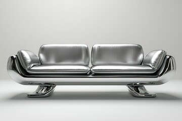 Futuristic silver gray couch in a minimalist setting, showcasing sleek design on a blank background.