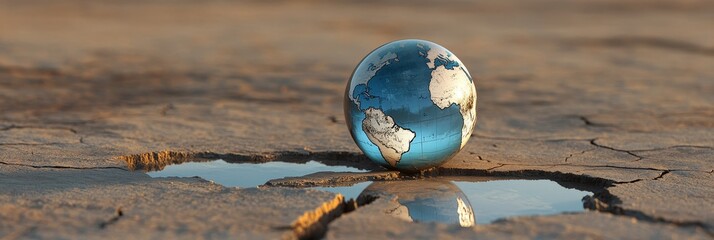 A globe rests precariously on cracked earth, symbolizing the fragility of our planet, the impact of climate change, the importance of environmental conservation, the need for sustainable practices, an