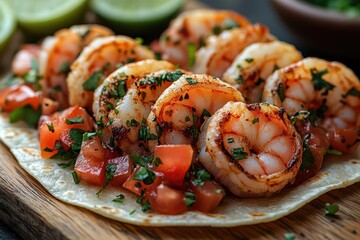 mouthwatering taco closeup plump shrimp and juicy tomatoes nestled in soft tortilla vibrant colors fresh ingredients and artful presentation highlight gourmet street food