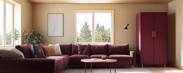 Wall Mural - Chic area, burgundy sofa, light walls, wood ceiling, bright magenta cabinet.