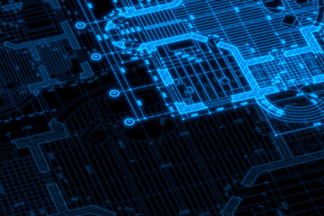 Wall Mural - Architecture blueprint on digital lcd display with reflection. Abstract technology background. 3D rendering.