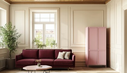 Wall Mural - Ruby sofa, pale cream walls, hardwood ceiling, soft pink furnishings.