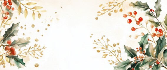 Wall Mural - winter, a watercolor illustration with gold glitter and holly leaves on a white background this serv