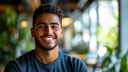 Close-up portrait of a young, smiling entrepreneur showing confidence and optimism, representing the spirit of self-employment