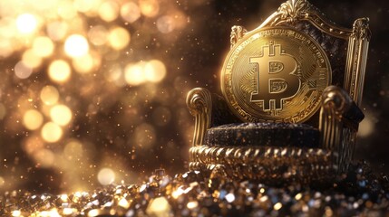 A golden Bitcoin rests on an ornate throne amidst a glittering backdrop of light and shine in an artistic representation of digital wealth