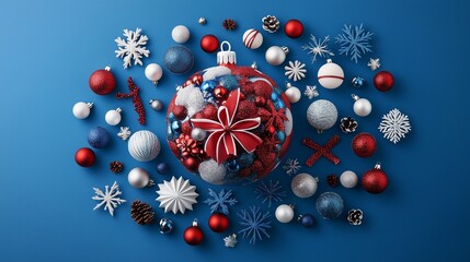 Wall Mural - A festive arrangement of red and blue Christmas ornaments and decorations on a bright blue background showcasing holiday cheer