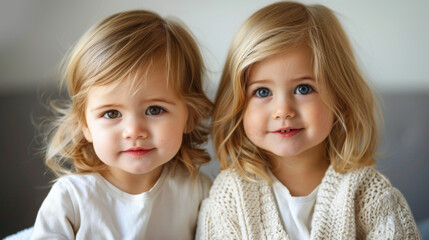 Two young children with blonde hair and blue eyes smiling together, capturing a warm and innocent sibling bond.