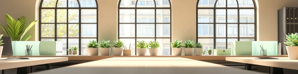 Sleek office setup in quartz with arch windows, natural wood desks, and mint succulents.