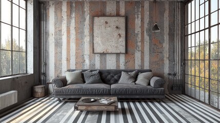 Wall Mural - Industrial style living room with gray sofa and striped floors in 3D.